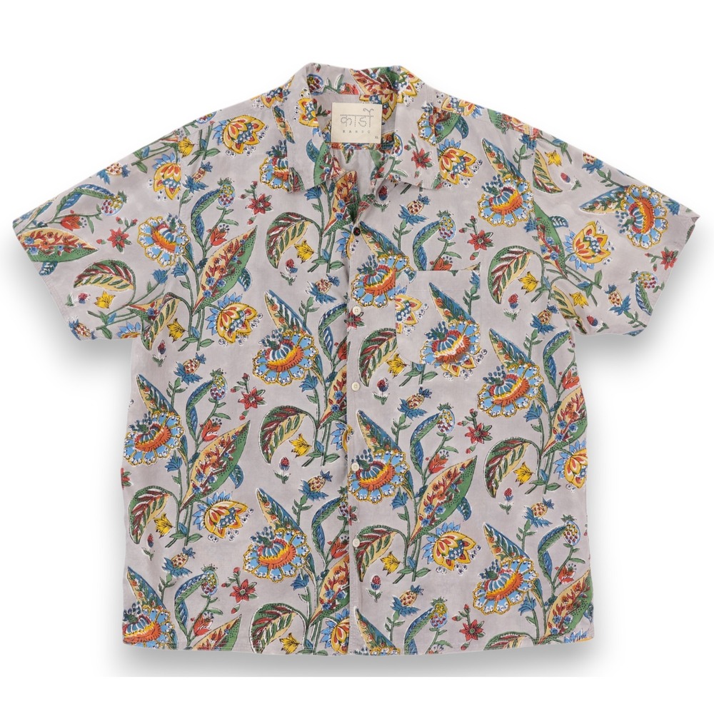 Kardo Floral Block Print Shirt Mens XL Multicolor Handcrafted Camp Loop Collar